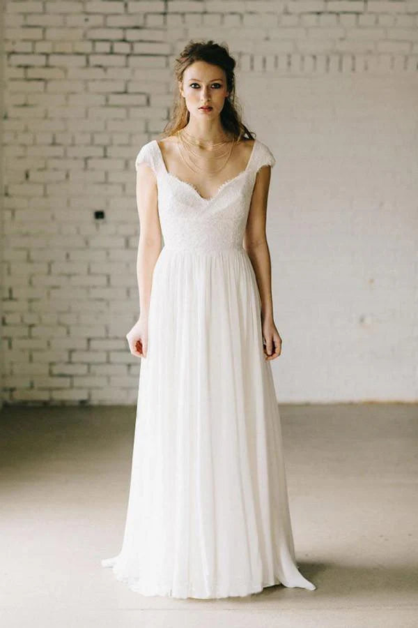 A-Line Ivory Lace Cap Sleeve Vintage Chiffon Wedding Dresses