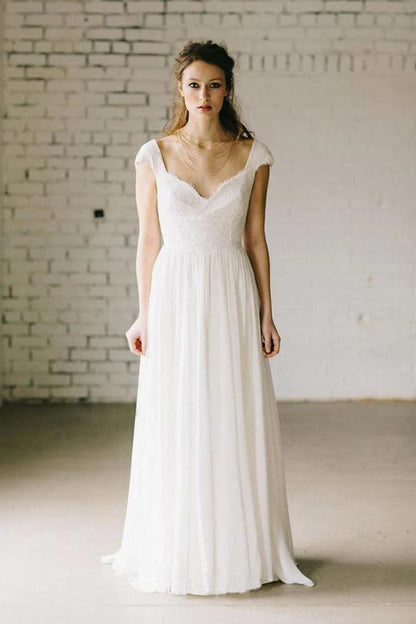 A-Line Ivory Lace Cap Sleeve Vintage Chiffon Wedding Dresses