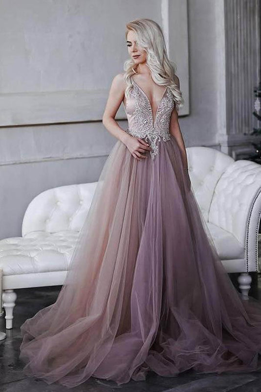 A-Line Princess Spaghetti Straps V Neck Sweep Train Prom Dress with Appliques