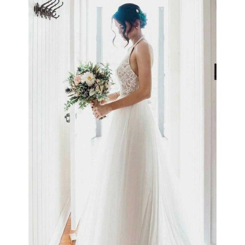 A-Line Round Neck Sweep Train Tulle Wedding Dress with Lace