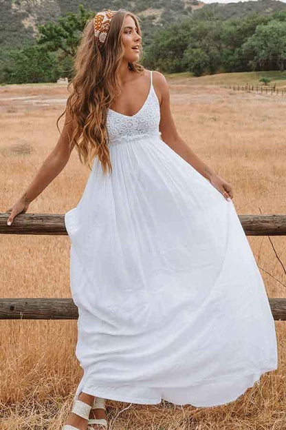 A-Line Scoop Backless Floor Length Beach Wedding Dress with Lace