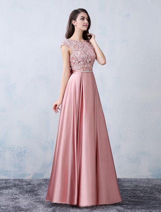 A-line Scoop Neck  Evening Dress Floor Length Satin Long Prom Dress With Applique/Bow