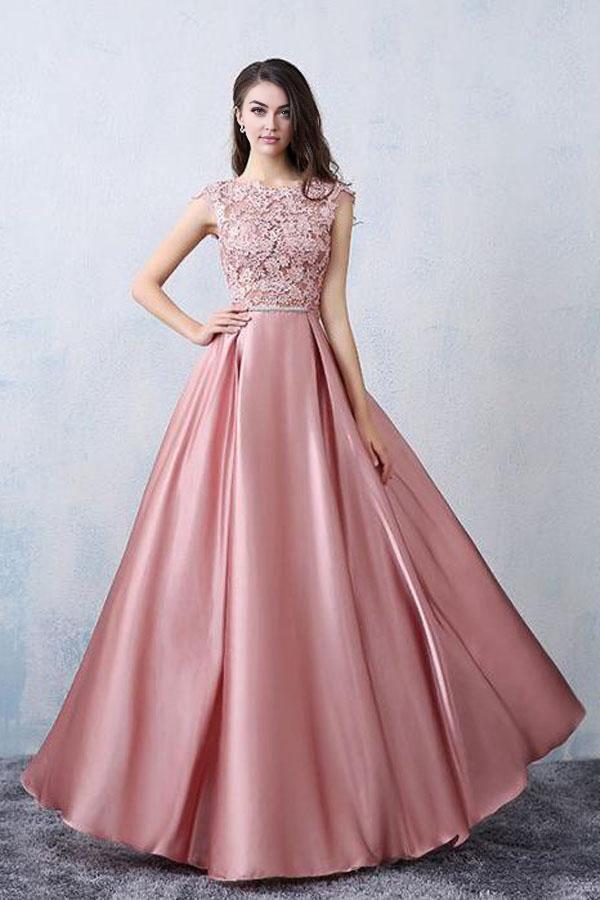 A-line Scoop Neck  Evening Dress Floor Length Satin Long Prom Dress With Applique/Bow