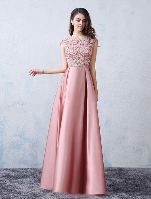 A-line Scoop Neck  Evening Dress Floor Length Satin Long Prom Dress With Applique/Bow