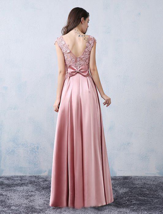 A-line Scoop Neck  Evening Dress Floor Length Satin Long Prom Dress With Applique/Bow