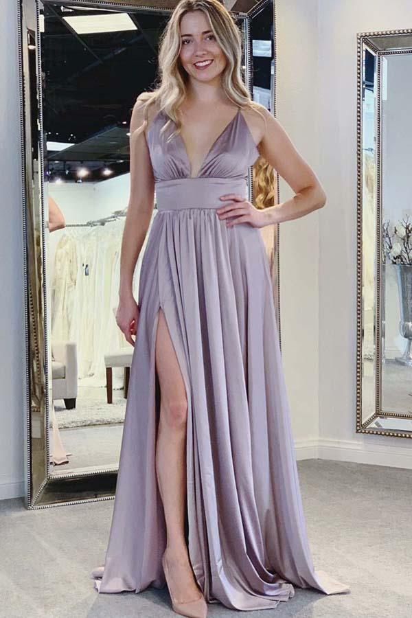 A-Line Spaghetti Straps V Neck Royal Blue Satin Prom Party Dresses with Split
