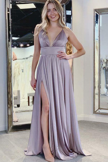 A-Line Spaghetti Straps V Neck Royal Blue Satin Prom Party Dresses with Split