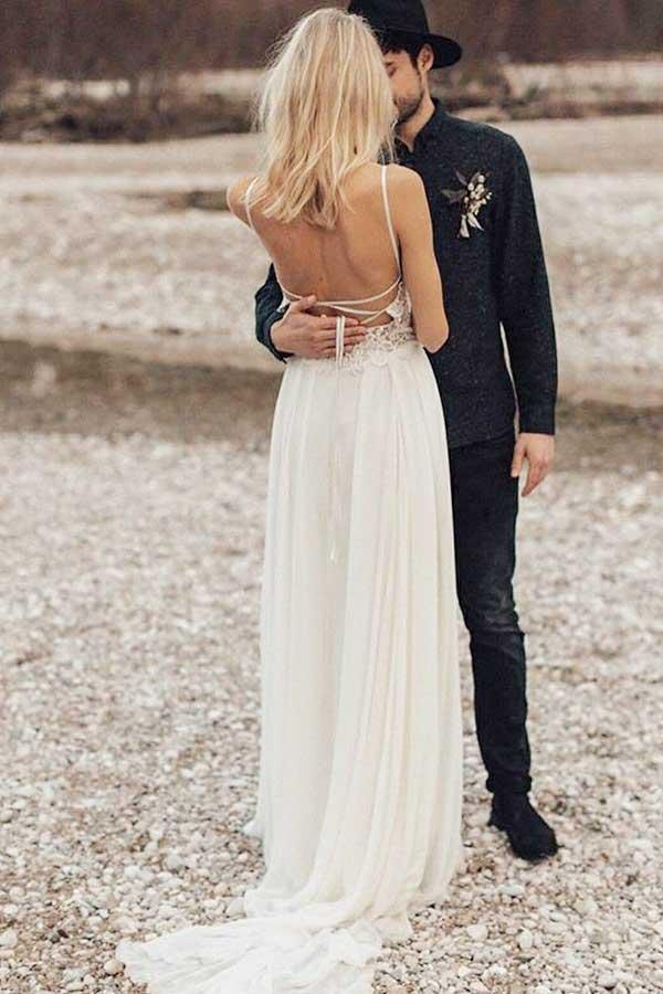 A-Line Spaghetti Straps Long Chiffon Wedding Dress with Lace