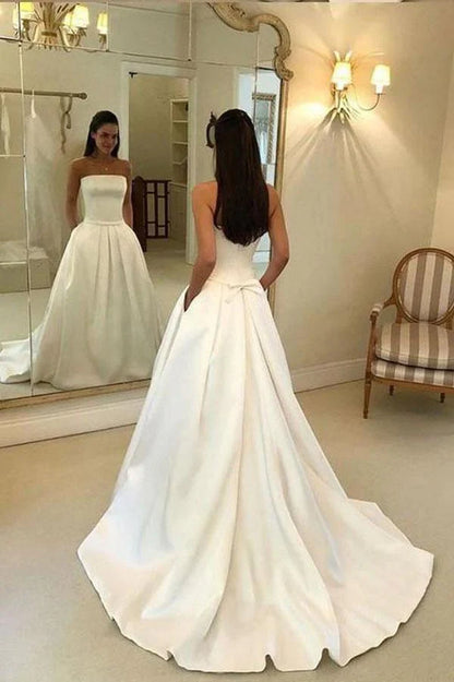A-line Strapless Open Back Satin Ivory Wedding Dress with Pockets
