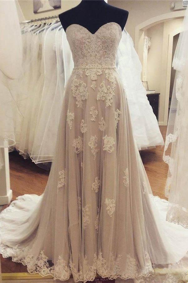 A-line Strapless Sweetheart Neck Lace Appliqued Wedding Dresses