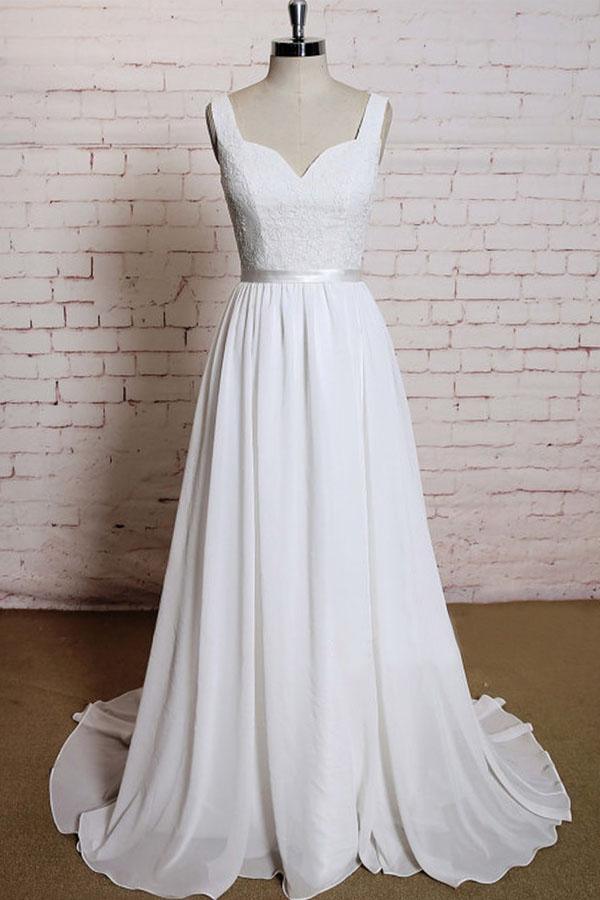 A-line Straps Court Train Chiffon Appliques Backless Wedding Dresses