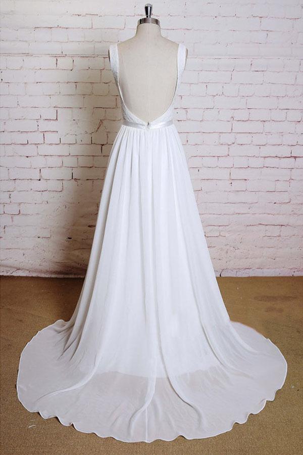 A-line Straps Court Train Chiffon Appliques Backless Wedding Dresses