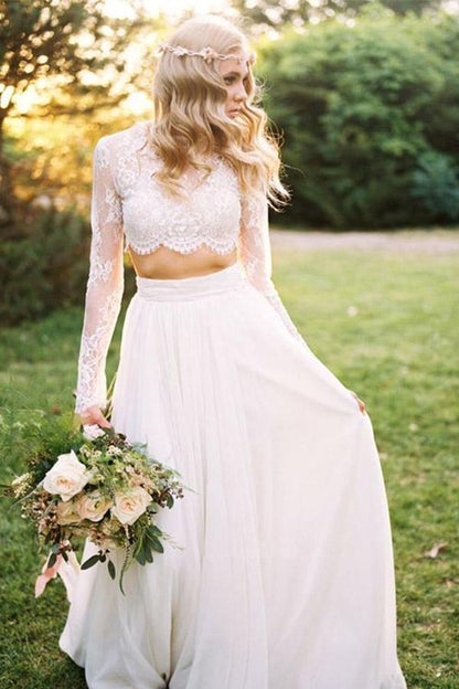 A Line Two Piece Round Neck Long Sleeves Lace Beach Wedding Dresses
