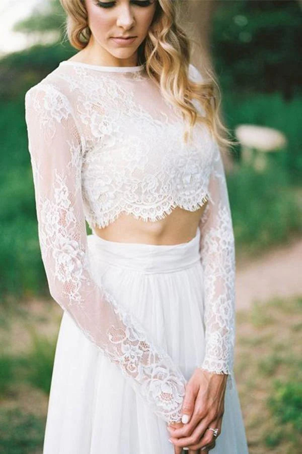 A Line Two Piece Round Neck Long Sleeves Lace Beach Wedding Dresses