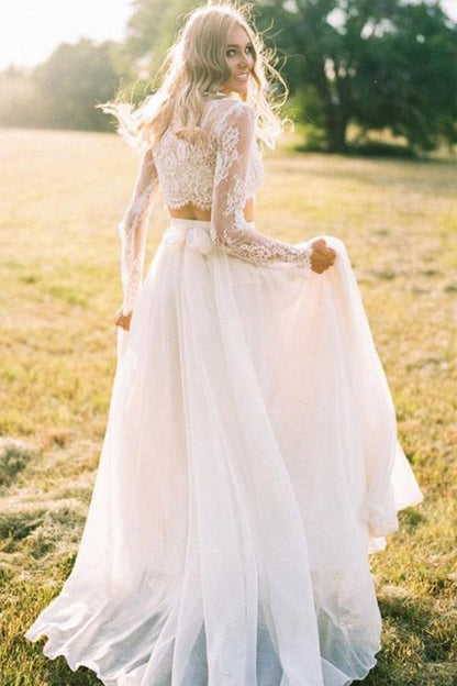 A Line Two Piece Round Neck Long Sleeves Lace Beach Wedding Dresses