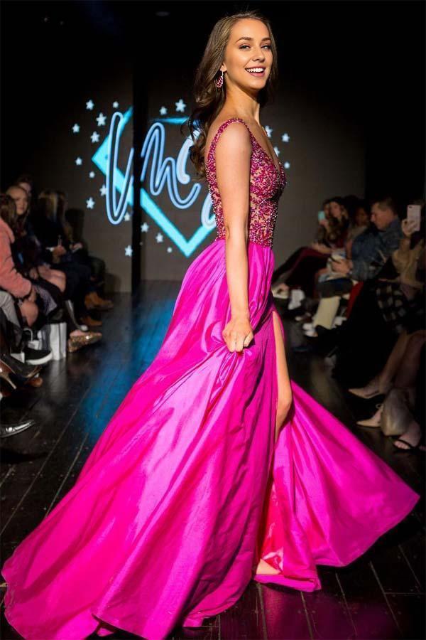 A-line V-Neck  Fuchsia Beading Brush Train Dresses Long Prom Dress with Slit/Appliques