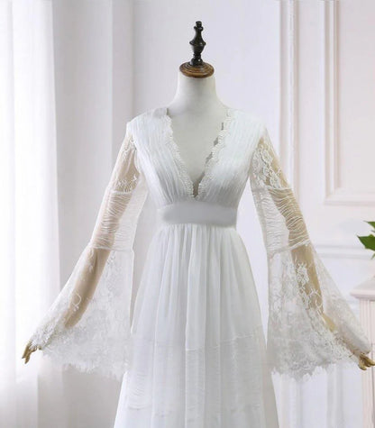 A-line V neck Long Sleeve Wedding Dress Rustic Boho Wedding Dress