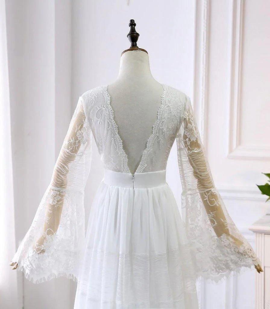 A-line V neck Long Sleeve Wedding Dress Rustic Boho Wedding Dress