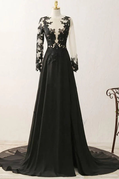 Wedding Guest Dresses Black Dress Formal Wedding Floor Length Long Sleeves Evening Gowns Prom Dresses With Appliques