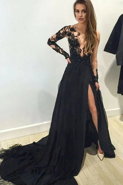 Wedding Guest Dresses Black Dress Formal Wedding Floor Length Long Sleeves Evening Gowns Prom Dresses With Appliques