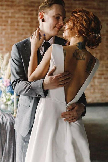 A Line V Neck Open Back Satin Long Wedding Dresses with Pockets