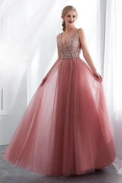A-Line V-Neck Sleeveless Sweep Train Prom Dress with Beading