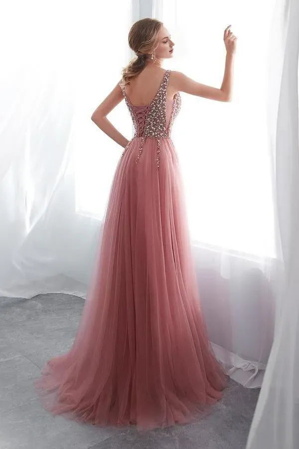 A-Line V-Neck Sleeveless Sweep Train Prom Dress with Beading