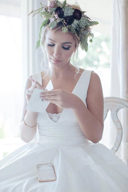 A Line V Neckline Pleated Waistband Simple Satin Wedding Bridal Dress