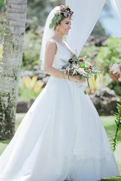 A Line V Neckline Pleated Waistband Simple Satin Wedding Bridal Dress