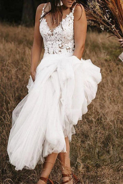 Lace Bodice V Neck Bridal Dresses Ivory Backless A Line Wedding Dresses
