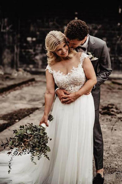 A-Line Wedding Gown with Illusion Neck With Back Lace Appliqued