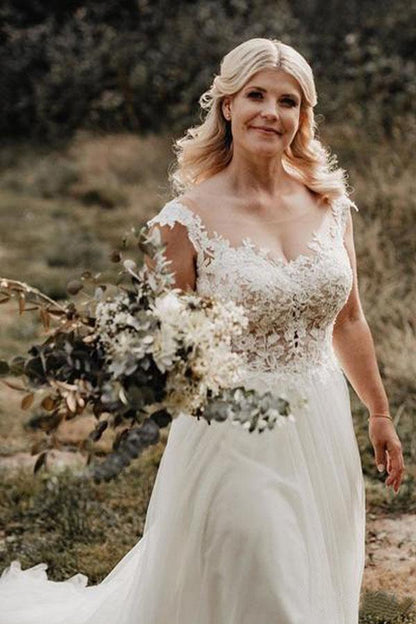 A-Line Wedding Gown with Illusion Neck With Back Lace Appliqued