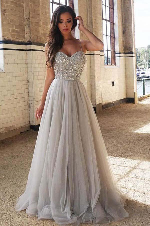 A-line/Princess Spaghetti Straps V Neck  Sweetheart Neck Silver Tulle Long Prom Dresses