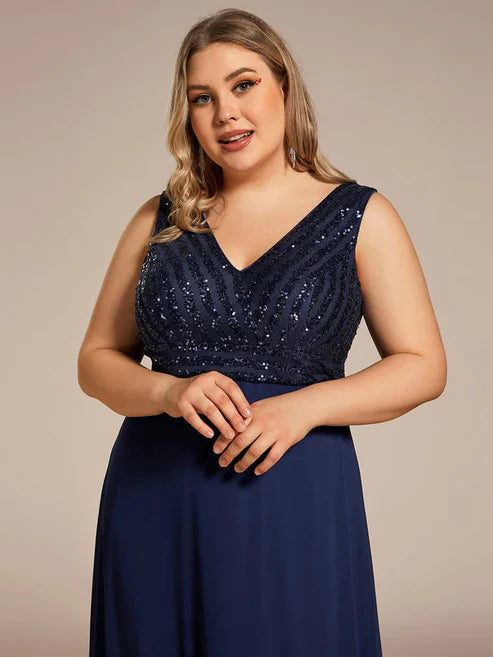 Plus Size Sequin Sleeveless Double V-Neck Formal Evening Dress/Prom Dresses Party Dresses Wedding Guest Dresses