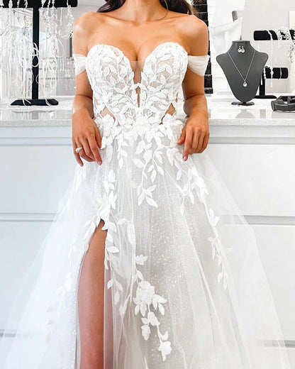 Elegant A Line Off-the-Shoulder V-Neck Sweetheart Tulle Long Wedding Dresses with Slit