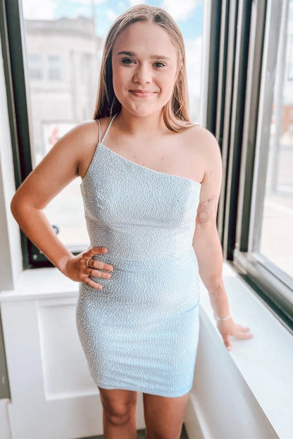 One-Shoulder Lace-Up Hotfix Dress