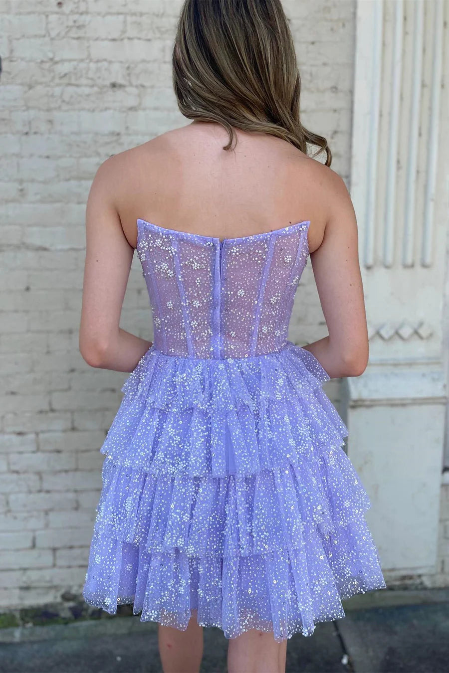 Tulle Beaded Strapless Tiered Short Gown