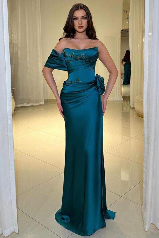 Sheath Column Off The Shoulder Brush Train Dresses Satin Evening Dress Crystals Floor Length Party Dresses