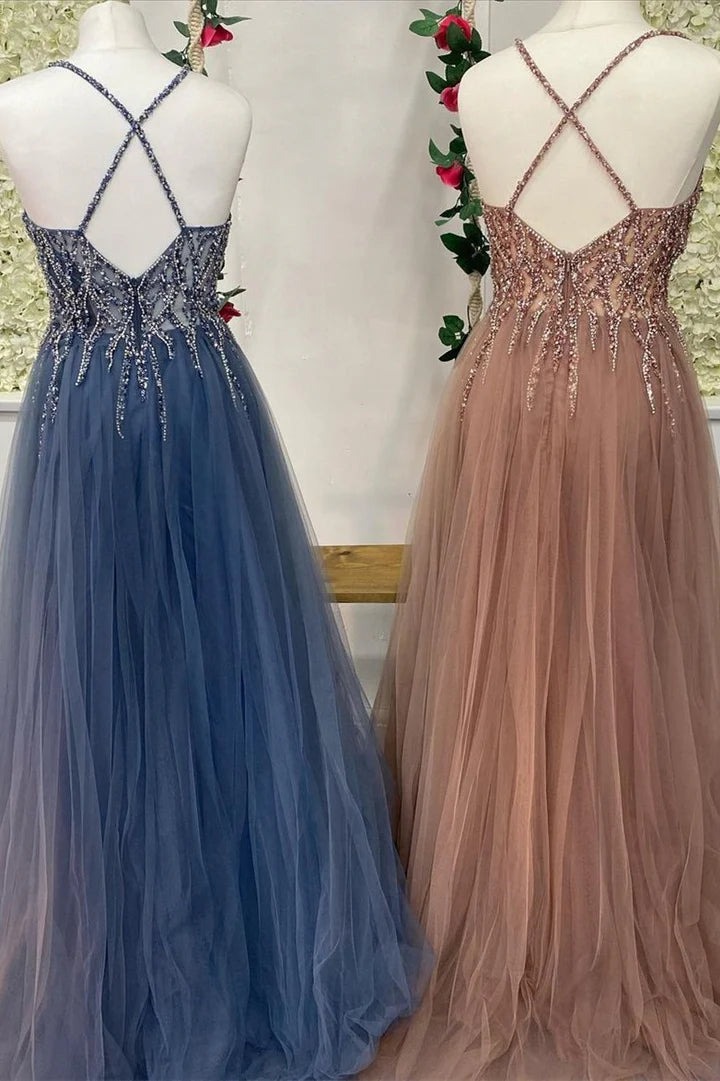 Tulle V-Neck Backless Beaded Long Prom Dress