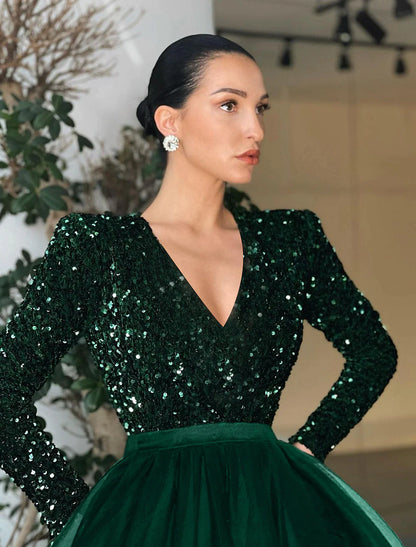 Ball Gown A-Line Cocktail Dresses Sparkle & Shine Dress Evening Party Tea Length Long Sleeve Jewel Neck Tulle with Sequin