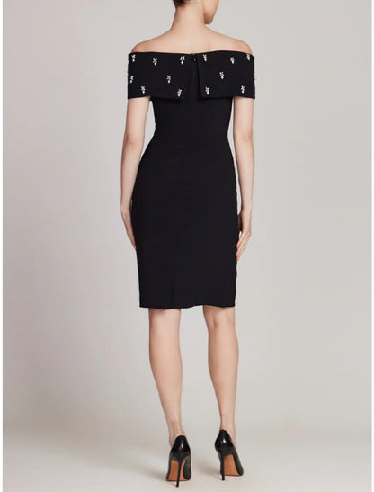 Sheath / Column Elegant Wedding Guest Dresses Elegant Dress Homecoming Knee Length Black Dress Short Sleeve Off Shoulder Stretch Fabric with Crystals