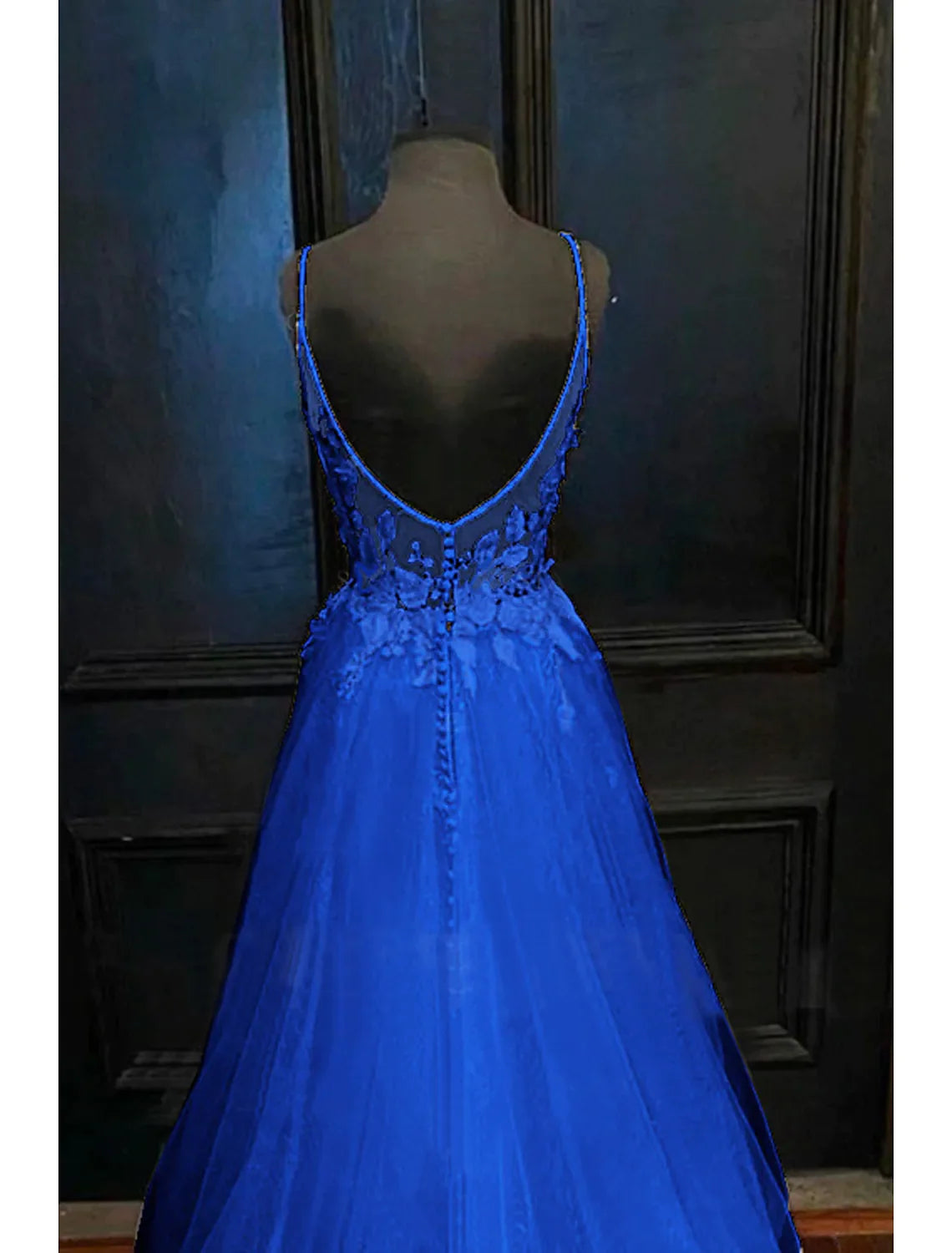 Open Back Dress Formal Court Train Sleeveless V Neck Tulle Backless V Back with Beading Appliques