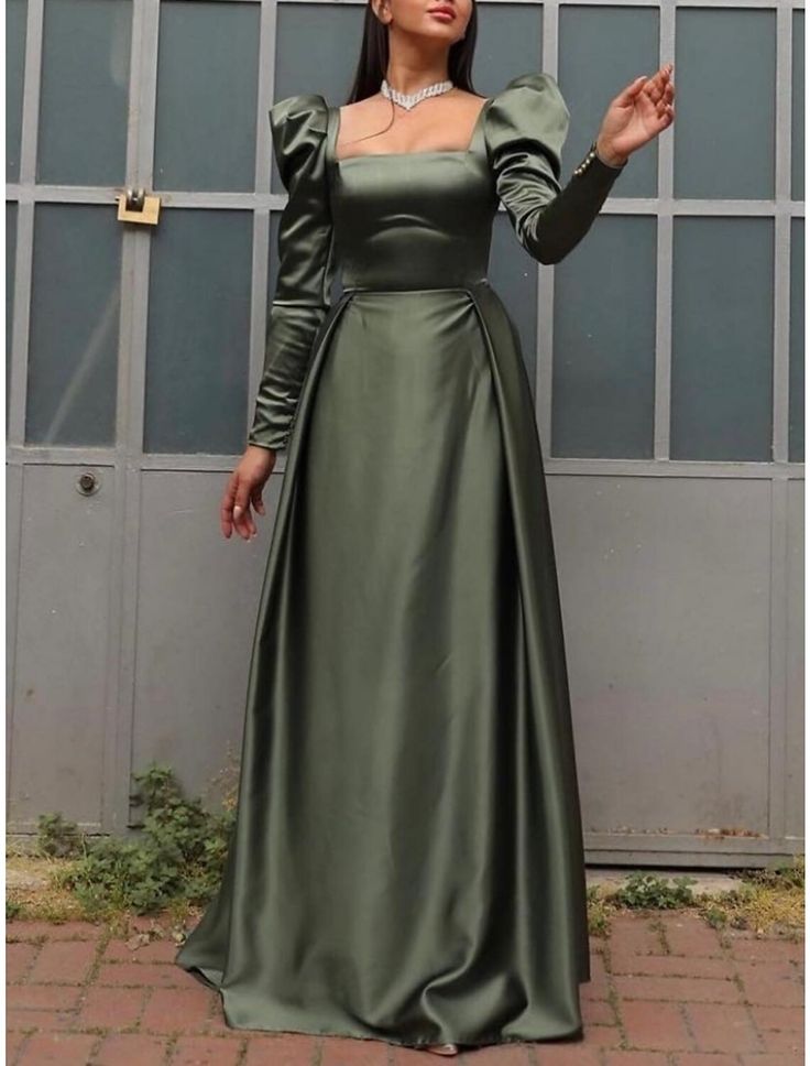 Evening Gown Formal Christmas Sweep Brush Train Long Sleeve Square Neck Satin with Pleats