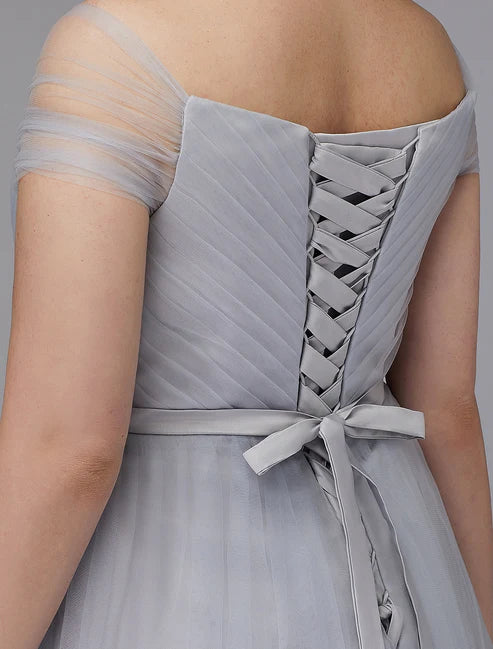 Plus Size A-Line Elegant Dress Homecoming Dresses Wedding Guest Cocktail Party Tea Length Short Sleeve Off Shoulder Tulle with Sash / Ribbon Criss Cross