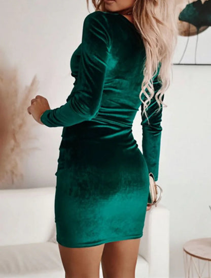 Women‘s Cocktail Party Dress Homecoming Dress Velvet Dress Long Sleeve Pure Color Ruched Winter Fall Spring V Neck Fashion Winter Dress
