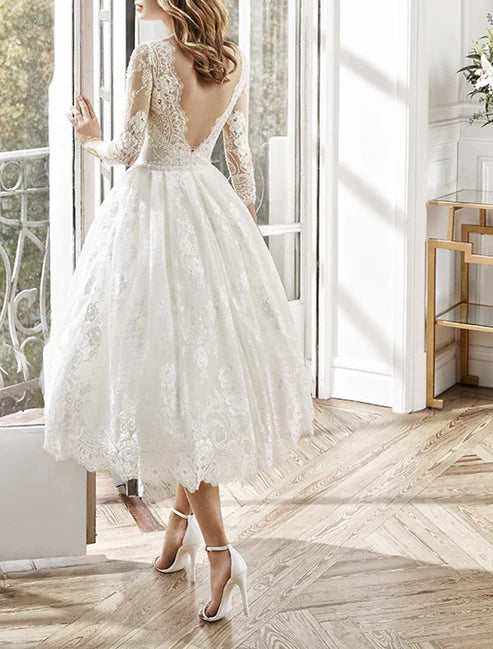 A-Line Party Dresses Floral Dress Wedding Guest Homecoming Tea Length Long Sleeve Jewel Neck Polyester Backless with Appliques