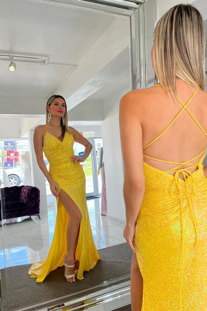Sparkly Lace Up Mermaid Yellow Sequins Long Prom Dress with Slit