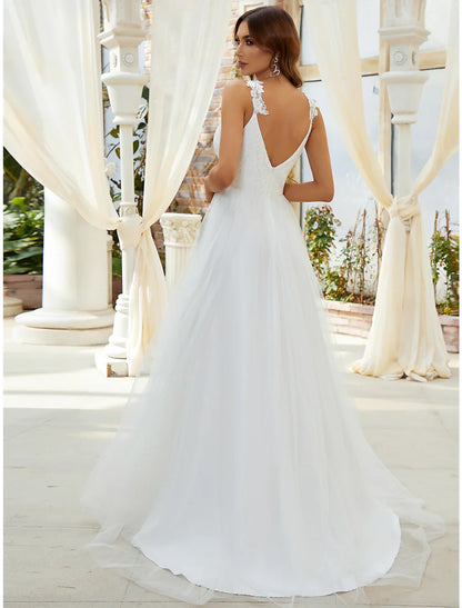 Casual Wedding Dresses A-Line Sweetheart V Wire Regular Straps Sweep / Brush Train Tulle Bridal Gowns With Crystals Appliques Bridal Dresses