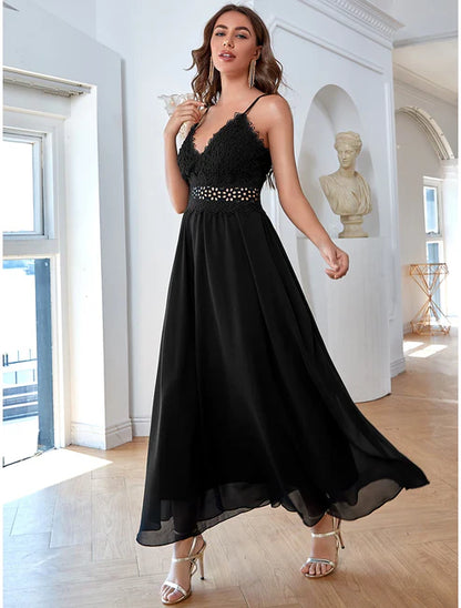 A-Line Elegant Vintage Party Wear Formal Evening Dress V Neck Sleeveless Ankle Length Chiffon with Sequin Splicing