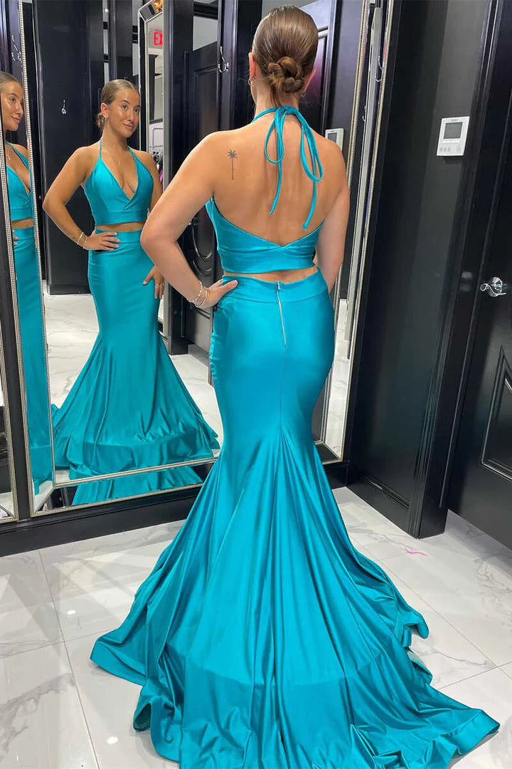 Two-Piece  Halter Trumpet Long Prom Dress